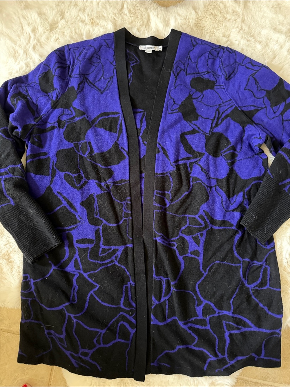 Chico's Black & Purple Open-Front Floral Knit Cardigan size L